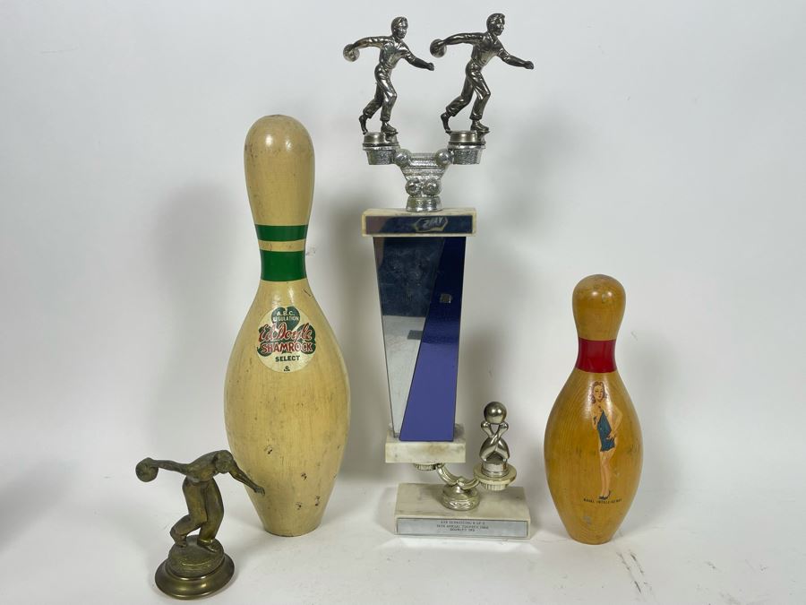 Vintage Wooden Bowling Pins And Bowling Trophies [Photo 3]