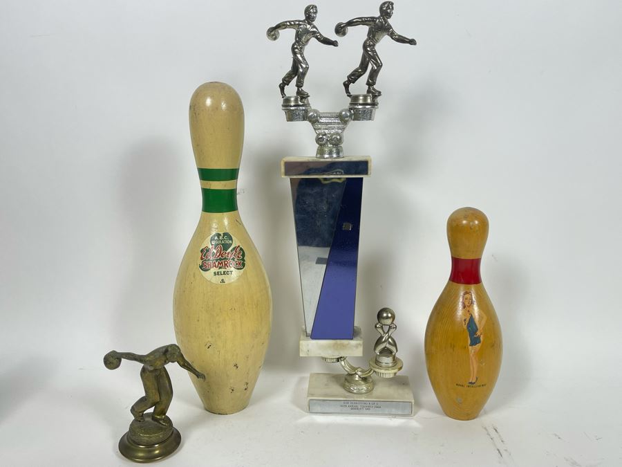 Vintage Wooden Bowling Pins And Bowling Trophies [Photo 2]