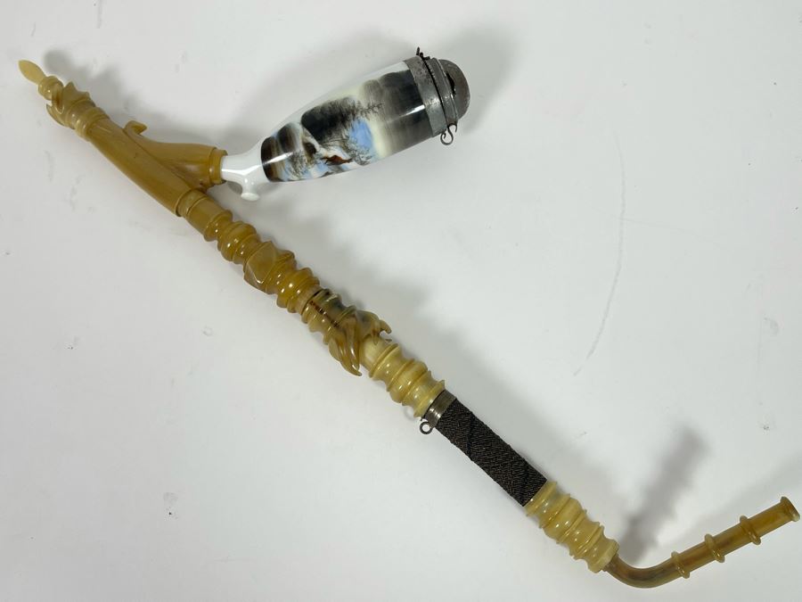 Antique German Carved Horn Painted Porcelain Hunter’s Pipe 15L [Photo 2]