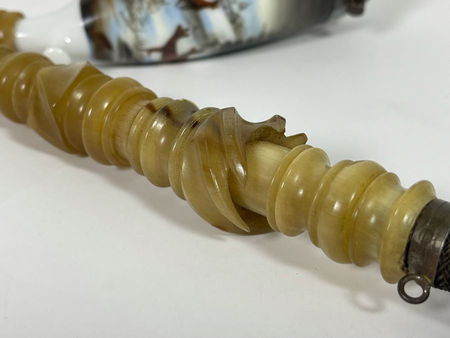 Antique German Carved Horn Painted Porcelain Hunter’s Pipe 15L [Photo 6]