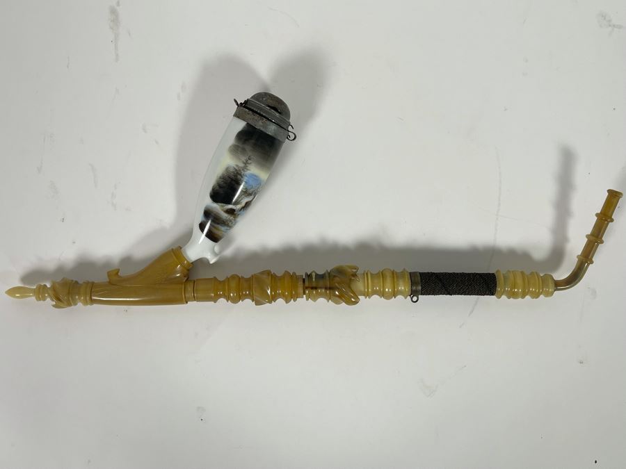 Antique German Carved Horn Painted Porcelain Hunter’s Pipe 15L [Photo 3]