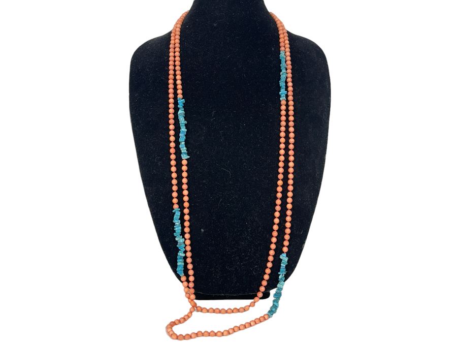 Large 88” Mother Of Pearl Dyed Coral Color Beads With Enhanced Turquoise Necklace