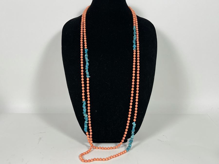 Large 88” Mother Of Pearl Dyed Coral Color Beads With Enhanced Turquoise Necklace [Photo 3]