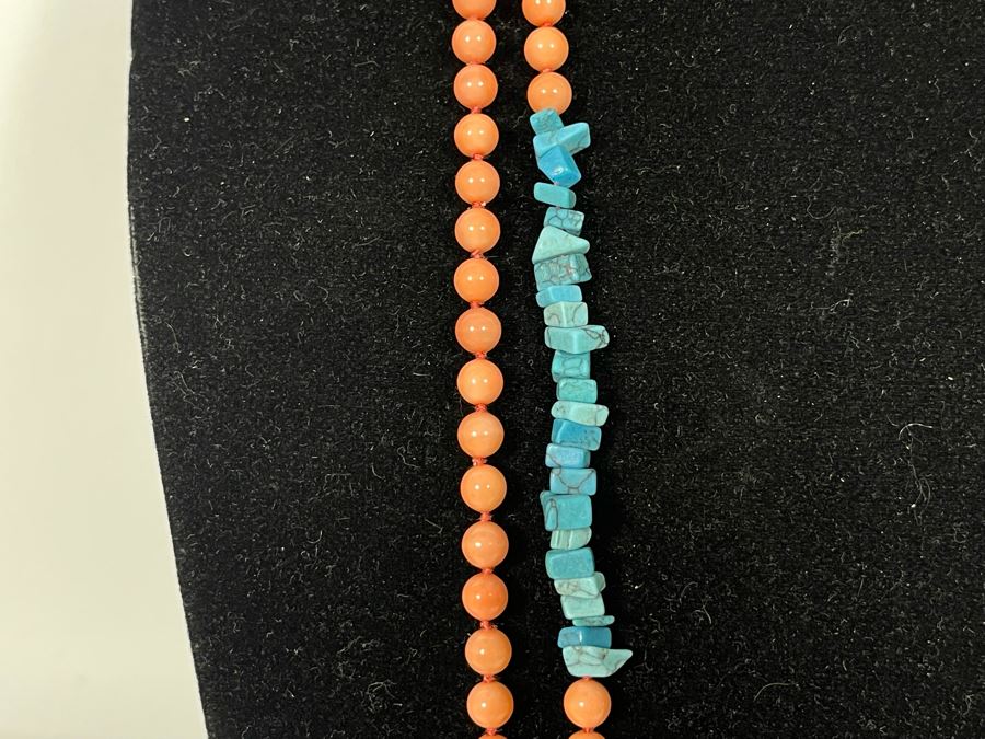 Large 88” Mother Of Pearl Dyed Coral Color Beads With Enhanced Turquoise Necklace [Photo 5]