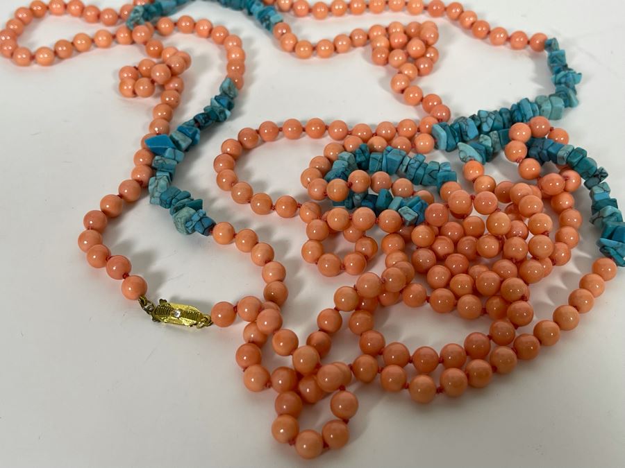 Large 88” Mother Of Pearl Dyed Coral Color Beads With Enhanced Turquoise Necklace [Photo 6]
