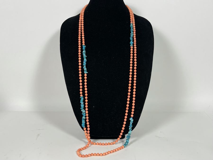 Large 88” Mother Of Pearl Dyed Coral Color Beads With Enhanced Turquoise Necklace [Photo 4]