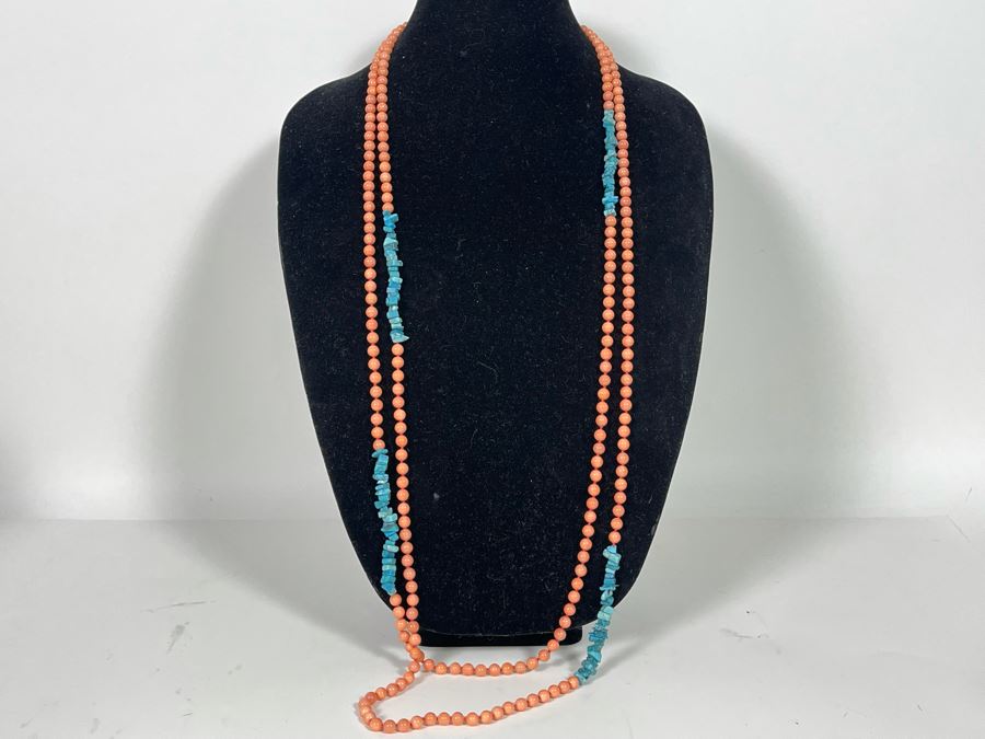 Large 88” Mother Of Pearl Dyed Coral Color Beads With Enhanced Turquoise Necklace [Photo 2]