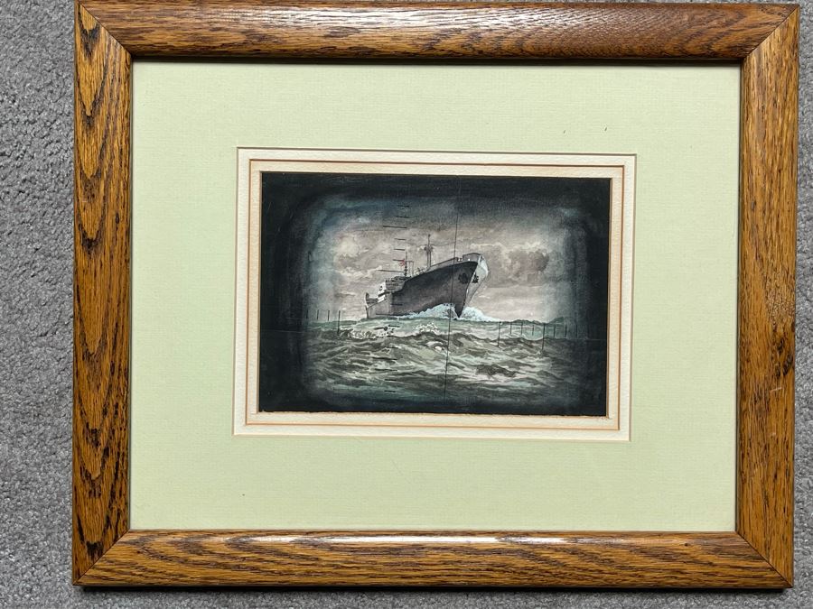 Original Oak Framed USN Watercolor Painting Of Ship Viewed Through Submarine Periscope 8 X 5.5 (USNE) [Photo 3]