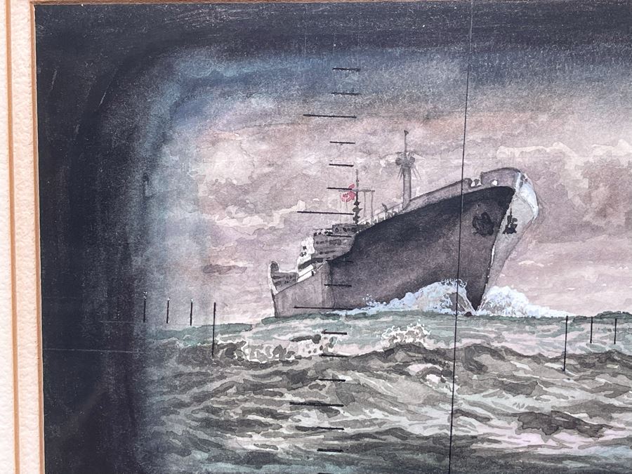 Original Oak Framed USN Watercolor Painting Of Ship Viewed Through Submarine Periscope 8 X 5.5 (USNE) [Photo 5]