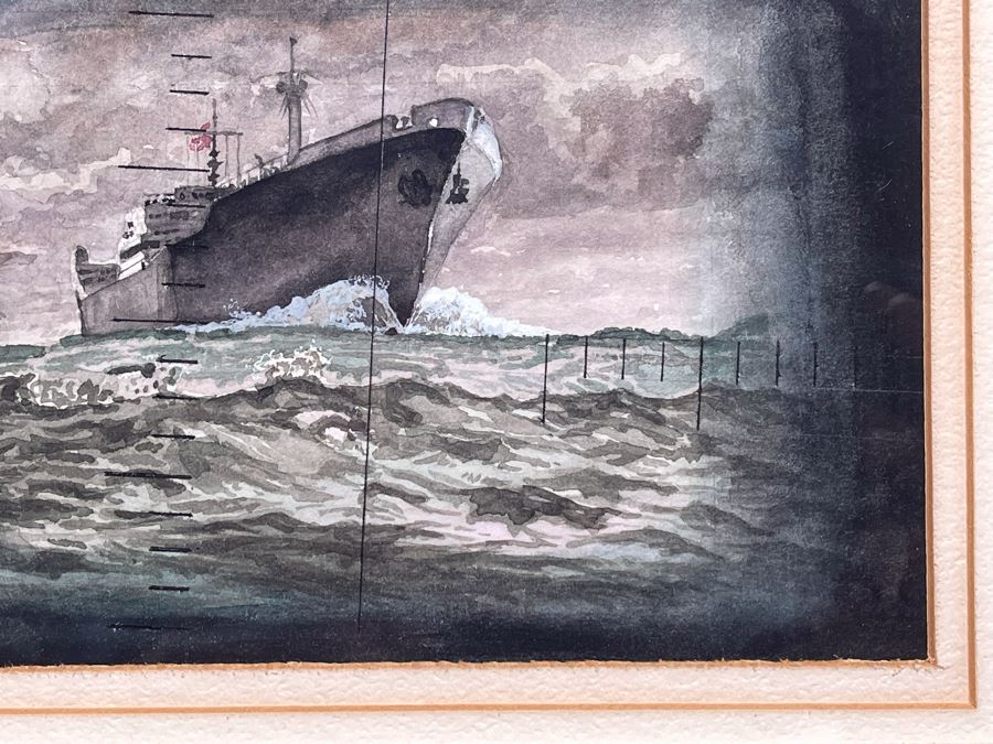 Original Oak Framed USN Watercolor Painting Of Ship Viewed Through Submarine Periscope 8 X 5.5 (USNE) [Photo 6]