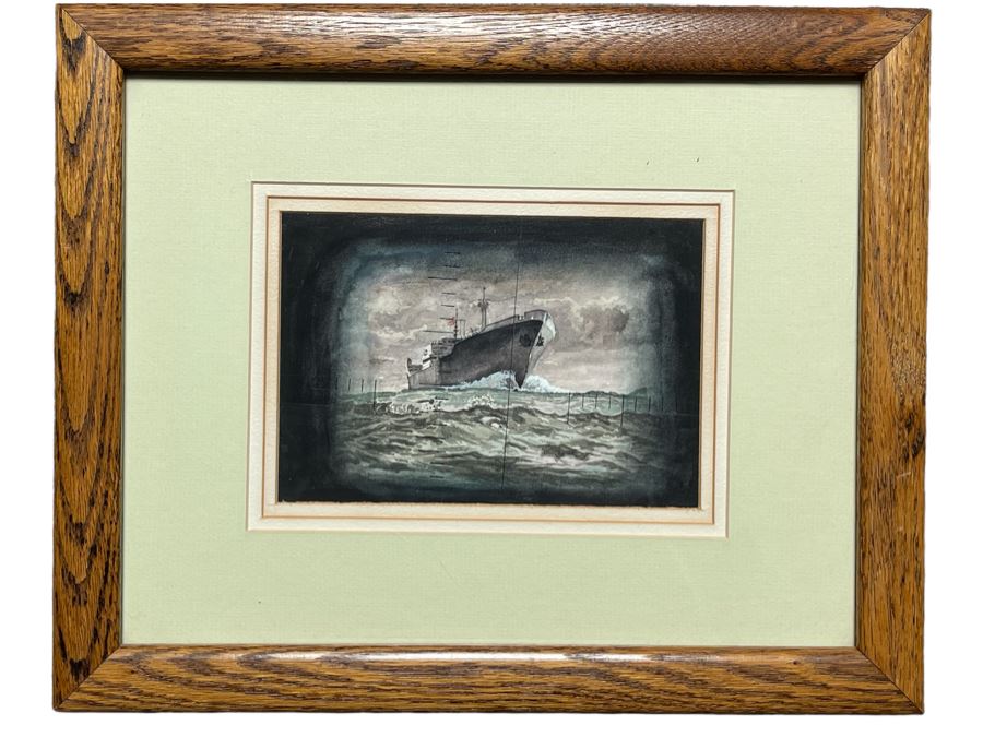 Original Oak Framed USN Watercolor Painting Of Ship Viewed Through Submarine Periscope 8 X 5.5 (USNE) [Photo 2]