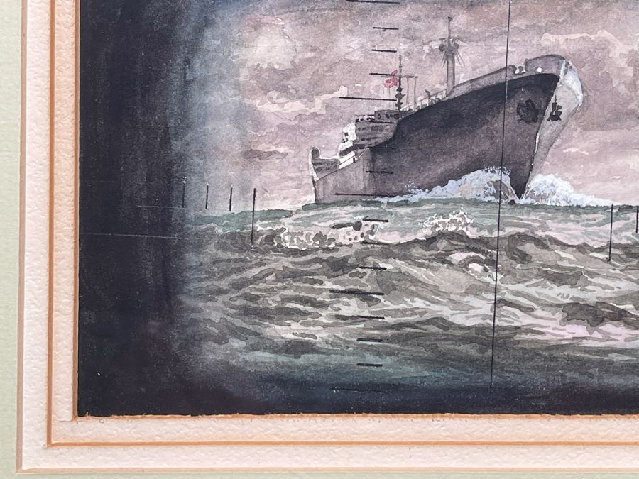 Original Oak Framed USN Watercolor Painting Of Ship Viewed Through Submarine Periscope 8 X 5.5 (USNE) [Photo 7]