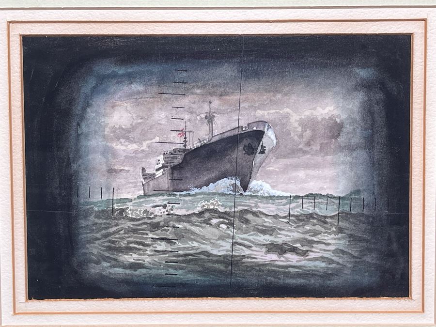 Original Oak Framed USN Watercolor Painting Of Ship Viewed Through Submarine Periscope 8 X 5.5 (USNE)