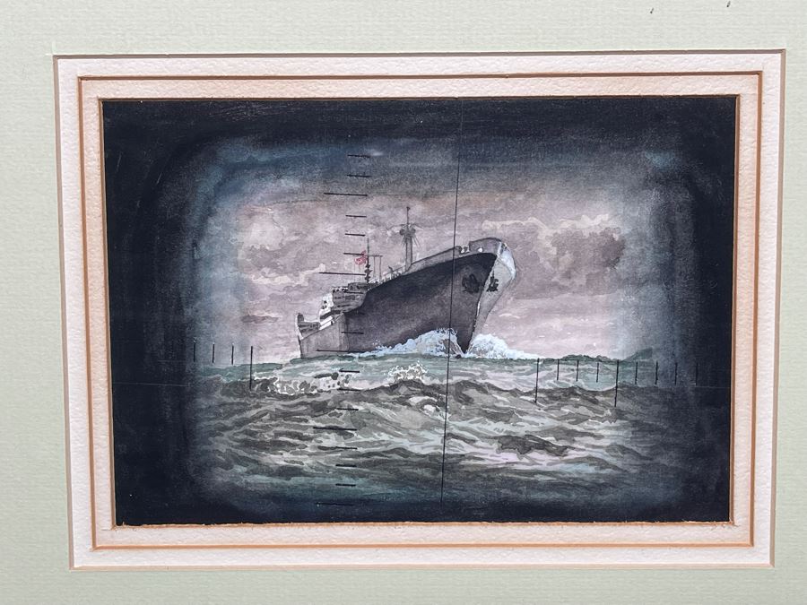 Original Oak Framed USN Watercolor Painting Of Ship Viewed Through Submarine Periscope 8 X 5.5 (USNE) [Photo 4]