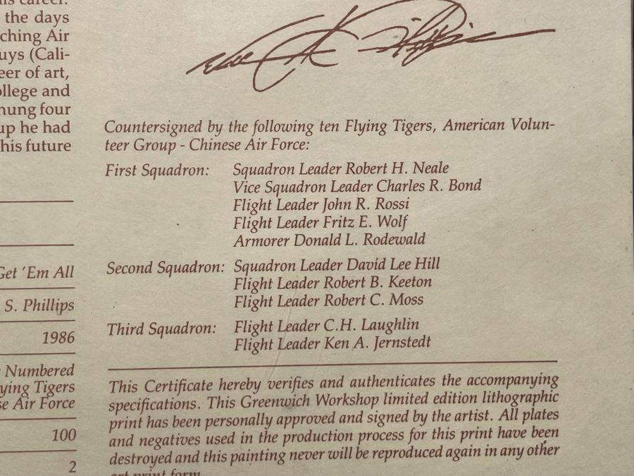 William S. Phillips Limited Edition Framed Lithograph Titled 'Next Time Get 'Em All' 1941 P-49Bs Dive To Attack Japanese Bombers Signed By Willam S. Phillips And Ten Flying Tigers Incl Robert H. Neale, Charles R. Bond, John R. Rossi 23 X 32 - See Photos [Photo 23]