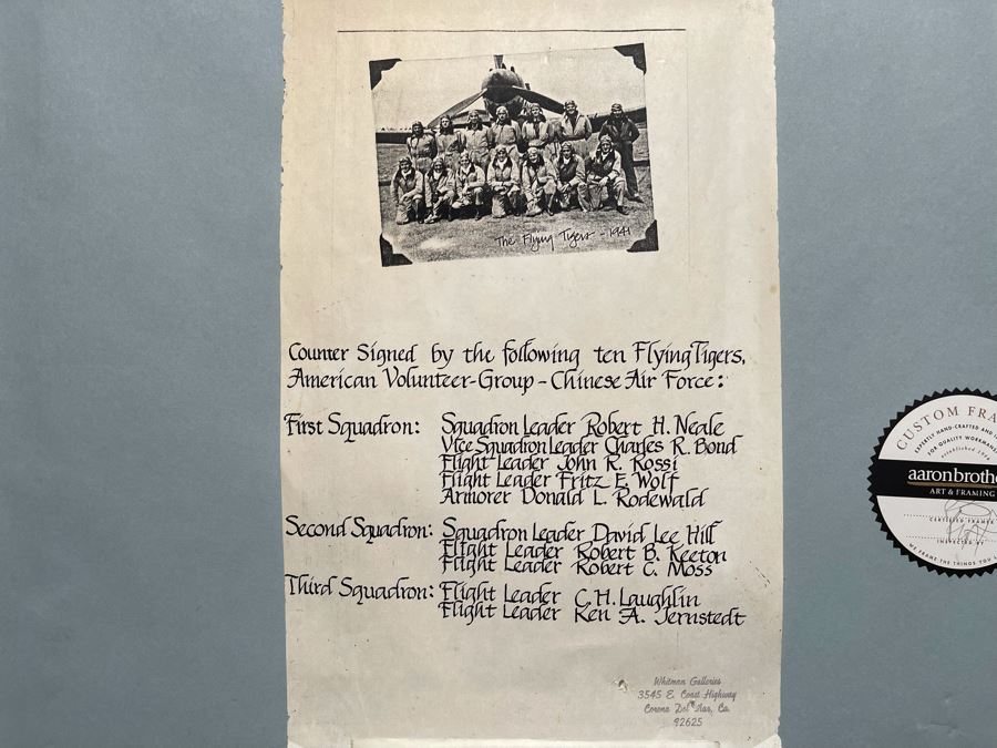 William S. Phillips Limited Edition Framed Lithograph Titled 'Next Time Get 'Em All' 1941 P-49Bs Dive To Attack Japanese Bombers Signed By Willam S. Phillips And Ten Flying Tigers Incl Robert H. Neale, Charles R. Bond, John R. Rossi 23 X 32 - See Photos [Photo 16]