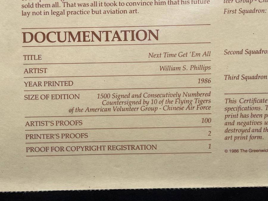 William S. Phillips Limited Edition Framed Lithograph Titled 'Next Time Get 'Em All' 1941 P-49Bs Dive To Attack Japanese Bombers Signed By Willam S. Phillips And Ten Flying Tigers Incl Robert H. Neale, Charles R. Bond, John R. Rossi 23 X 32 - See Photos [Photo 22]