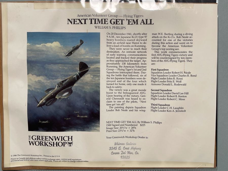 William S. Phillips Limited Edition Framed Lithograph Titled 'Next Time Get 'Em All' 1941 P-49Bs Dive To Attack Japanese Bombers Signed By Willam S. Phillips And Ten Flying Tigers Incl Robert H. Neale, Charles R. Bond, John R. Rossi 23 X 32 - See Photos [Photo 19]