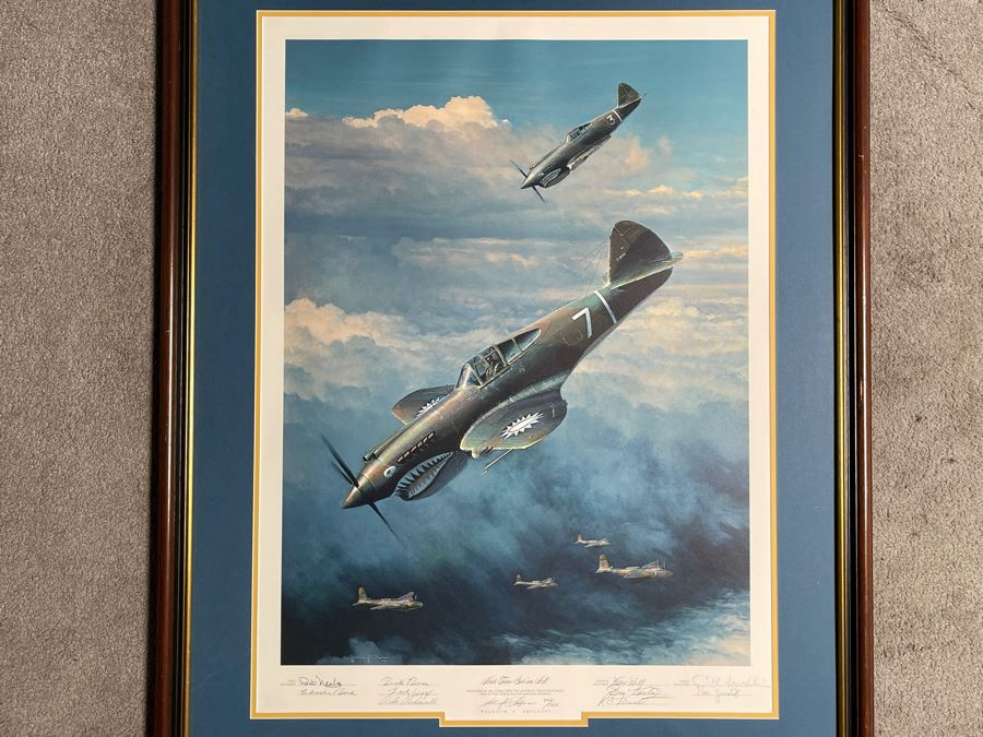 William S. Phillips Limited Edition Framed Lithograph Titled 'Next Time Get 'Em All' 1941 P-49Bs Dive To Attack Japanese Bombers Signed By Willam S. Phillips And Ten Flying Tigers Incl Robert H. Neale, Charles R. Bond, John R. Rossi 23 X 32 - See Photos [Photo 4]