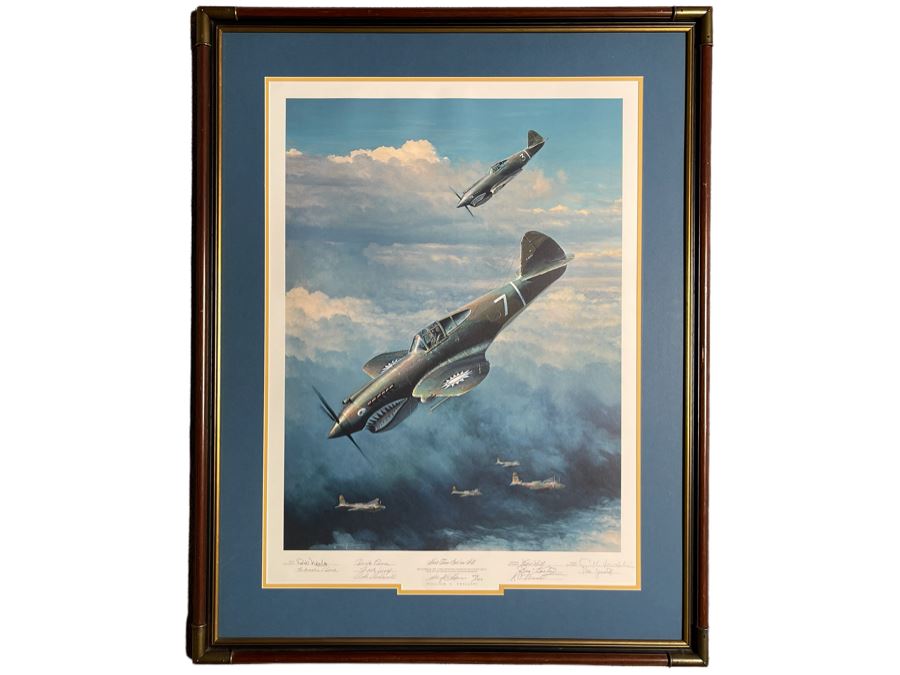 William S. Phillips Limited Edition Framed Lithograph Titled 'Next Time Get 'Em All' 1941 P-49Bs Dive To Attack Japanese Bombers Signed By Willam S. Phillips And Ten Flying Tigers Incl Robert H. Neale, Charles R. Bond, John R. Rossi 23 X 32 - See Photos
