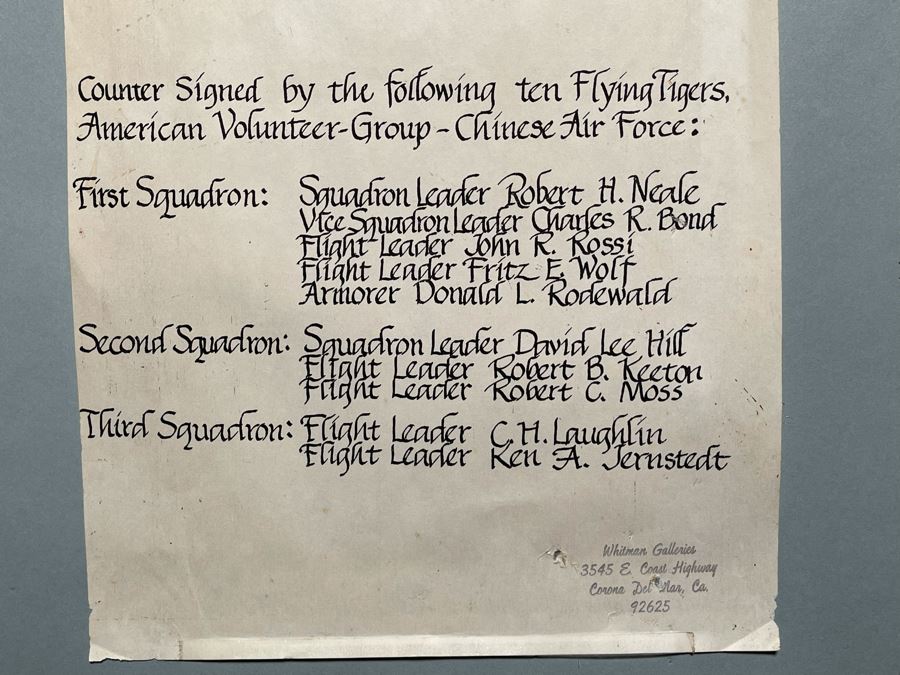 William S. Phillips Limited Edition Framed Lithograph Titled 'Next Time Get 'Em All' 1941 P-49Bs Dive To Attack Japanese Bombers Signed By Willam S. Phillips And Ten Flying Tigers Incl Robert H. Neale, Charles R. Bond, John R. Rossi 23 X 32 - See Photos [Photo 18]