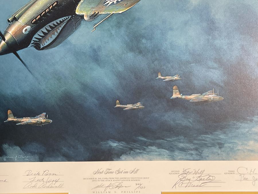 William S. Phillips Limited Edition Framed Lithograph Titled 'Next Time Get 'Em All' 1941 P-49Bs Dive To Attack Japanese Bombers Signed By Willam S. Phillips And Ten Flying Tigers Incl Robert H. Neale, Charles R. Bond, John R. Rossi 23 X 32 - See Photos [Photo 9]