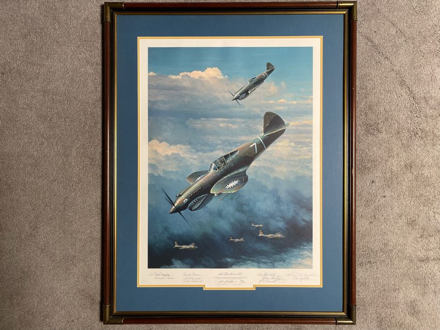William S. Phillips Limited Edition Framed Lithograph Titled 'Next Time Get 'Em All' 1941 P-49Bs Dive To Attack Japanese Bombers Signed By Willam S. Phillips And Ten Flying Tigers Incl Robert H. Neale, Charles R. Bond, John R. Rossi 23 X 32 - See Photos [Photo 3]
