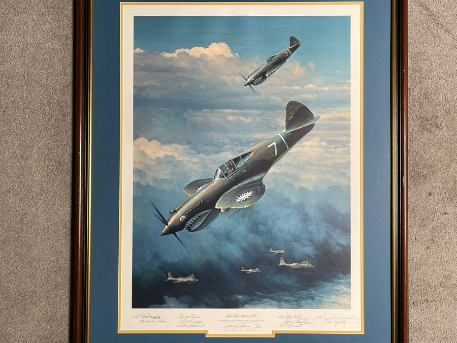 William S. Phillips Limited Edition Framed Lithograph Titled 'Next Time Get 'Em All' 1941 P-49Bs Dive To Attack Japanese Bombers Signed By Willam S. Phillips And Ten Flying Tigers Incl Robert H. Neale, Charles R. Bond, John R. Rossi 23 X 32 - See Photos [Photo 5]