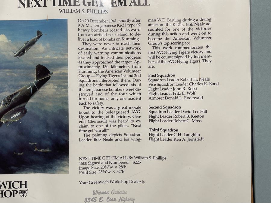 William S. Phillips Limited Edition Framed Lithograph Titled 'Next Time Get 'Em All' 1941 P-49Bs Dive To Attack Japanese Bombers Signed By Willam S. Phillips And Ten Flying Tigers Incl Robert H. Neale, Charles R. Bond, John R. Rossi 23 X 32 - See Photos [Photo 20]