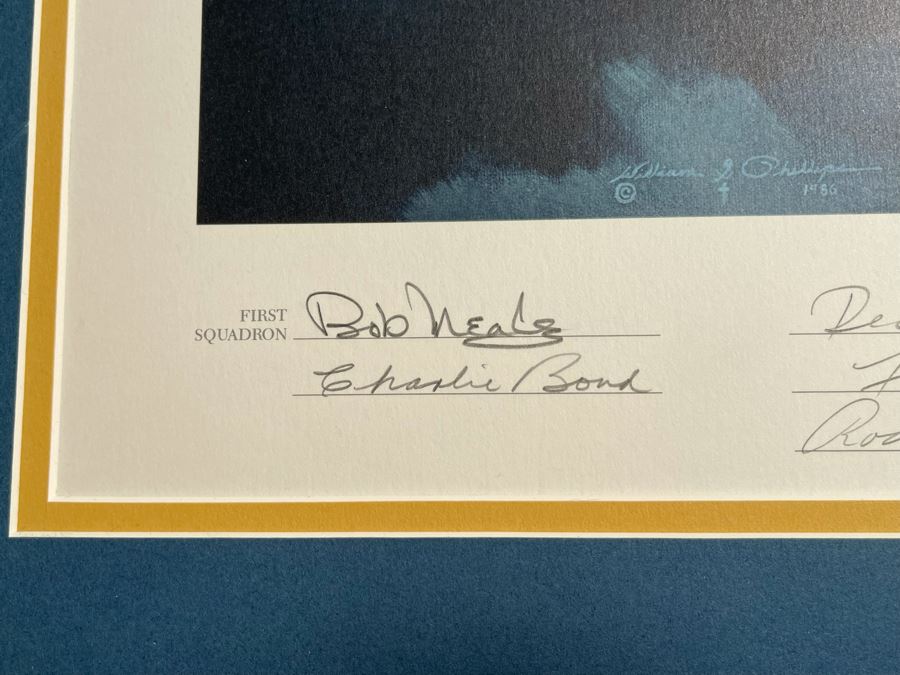 William S. Phillips Limited Edition Framed Lithograph Titled 'Next Time Get 'Em All' 1941 P-49Bs Dive To Attack Japanese Bombers Signed By Willam S. Phillips And Ten Flying Tigers Incl Robert H. Neale, Charles R. Bond, John R. Rossi 23 X 32 - See Photos [Photo 11]