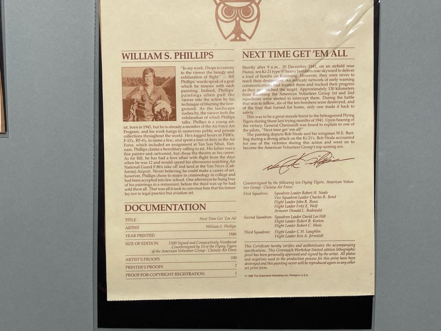 William S. Phillips Limited Edition Framed Lithograph Titled 'Next Time Get 'Em All' 1941 P-49Bs Dive To Attack Japanese Bombers Signed By Willam S. Phillips And Ten Flying Tigers Incl Robert H. Neale, Charles R. Bond, John R. Rossi 23 X 32 - See Photos [Photo 21]