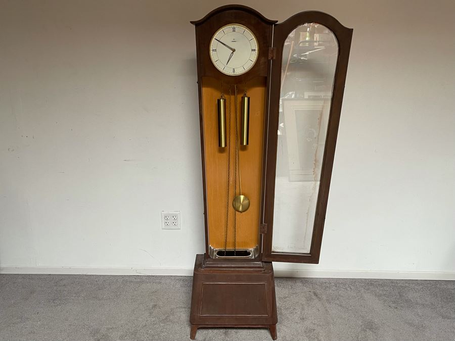 MidCentury German Junghans Grandmother Clock Stained Oak 18W X 9.5D X 64H