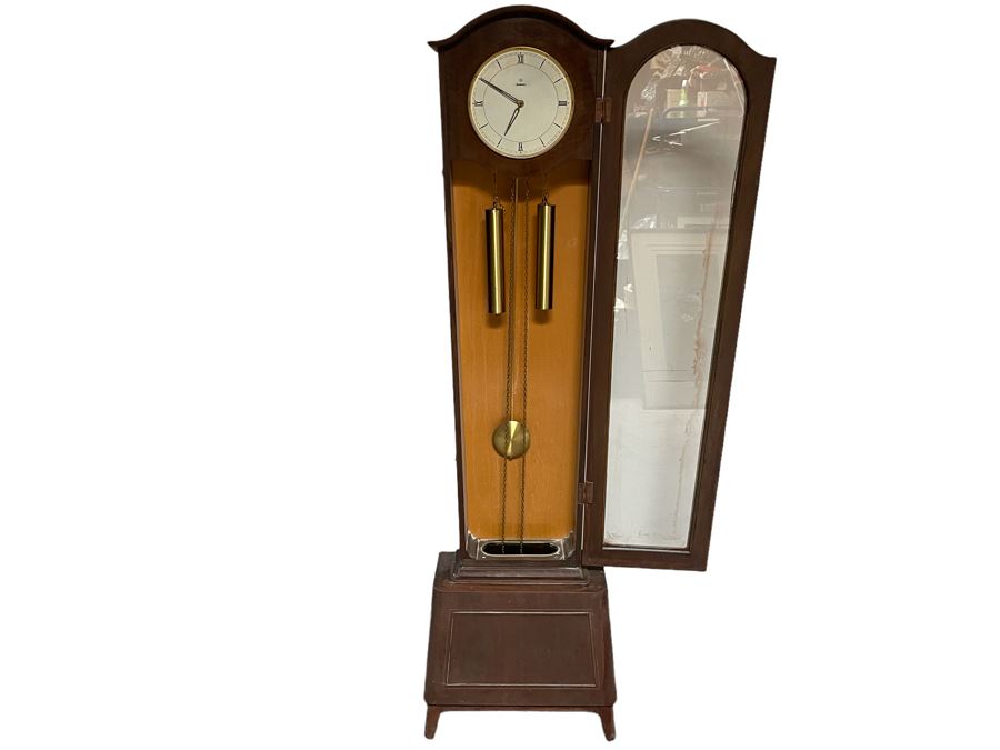 Mid-Century German Junghans Grandmother Clock Stained Oak 18W X 9.5D X 64H