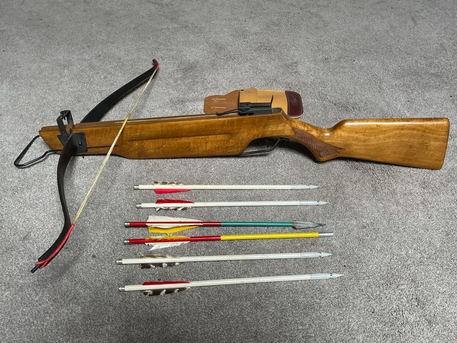 Vintage Wood And Metal Crossbow With Arrows