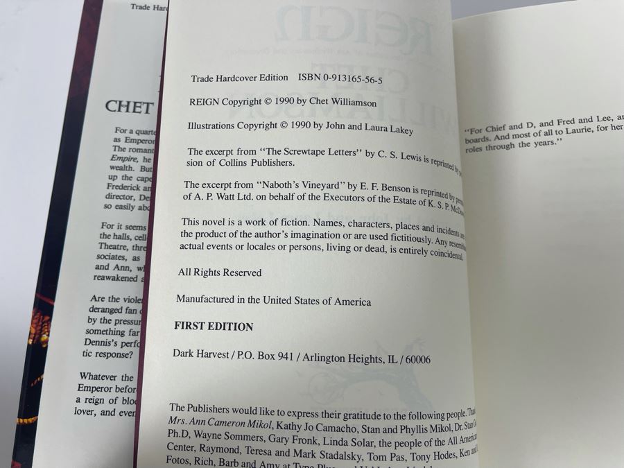 Signed Limited First Edition Hardcover Book With Slipcover Reign By Chet Williamson Signed By Chet Williamson, Laura Lakey And John Lakey [Photo 11]