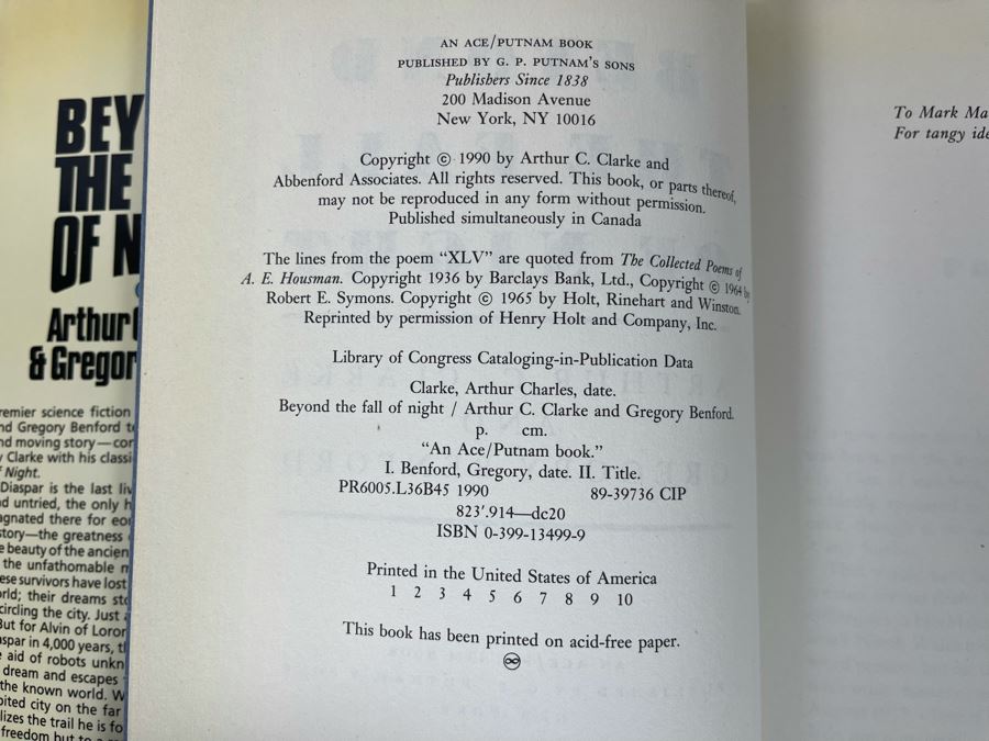 Signed First Edition Hardcover Book Beyond The Fall Of Night By Arthur C. Clarke & Gregory Benford Signed By Gregory Benford [Photo 7]