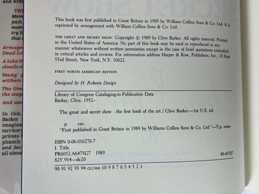 Signed First North American Edition Hardcover Book The Great And Secret Show By Clive Barker [Photo 7]