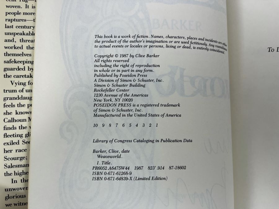 Signed First Edition Hardcover Book Weave-World By Clive Barker [Photo 8]