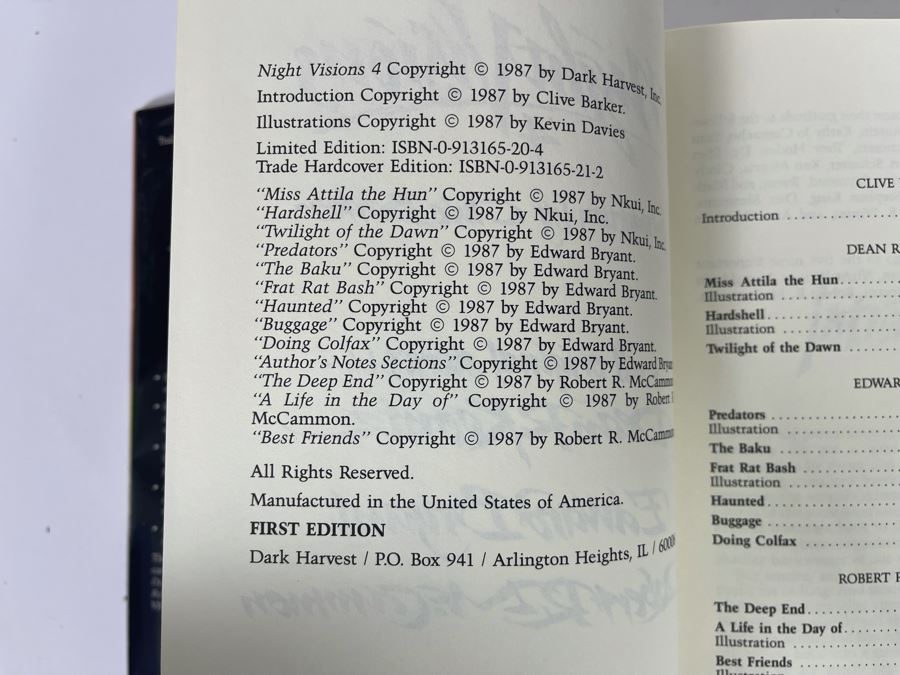 Signed Limited / First Edition Hardcover Book With Slipcover Night Visions 4 Signed By Dean R. Koontz, Edward Bryant, Robert R. McCammon, Clive Barker And Kevin Davies [Photo 9]