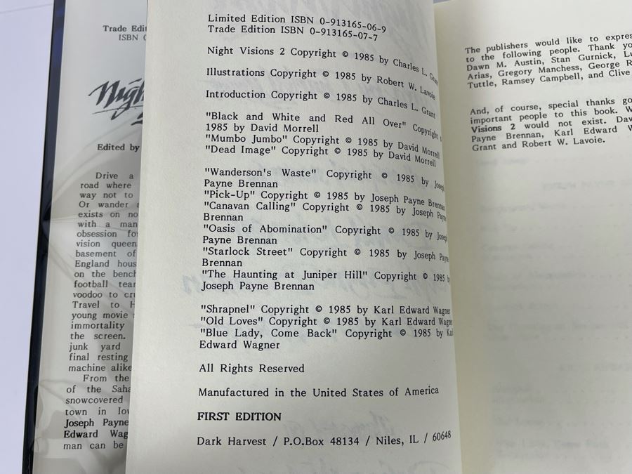 Signed Limited / First Edition Hardcover Book With Slipcover Night Visions 2 Signed By David Morrell, Joseph Payne Brennan, Karl Edward Wagner, Charles L. Grant, Robert W. Lavoie [Photo 8]