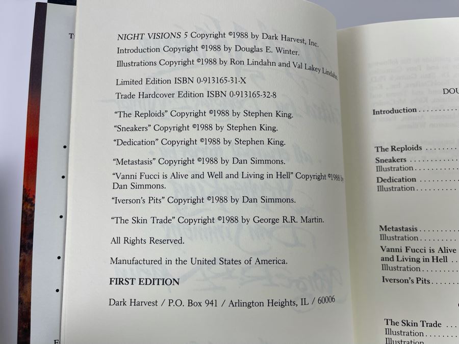 Signed Limited / First Edition Hardcover Book With Slipcover Night Visions 5 Signed By Stephen King, Dan Simmons, George R. R. Martin, Douglas E. Winter, Ron And Val Lakey Lindahn [Photo 10]