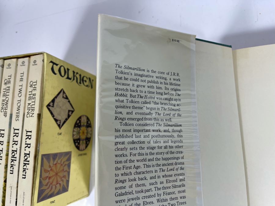First American Edition Hardcover Book The Silmarillion By J. R. R. Tolkien And Paperback Tolkien Box Set: The Hobbit, The Fellowship Of The Ring, The Two Towers, The Return Of The King [Photo 3]
