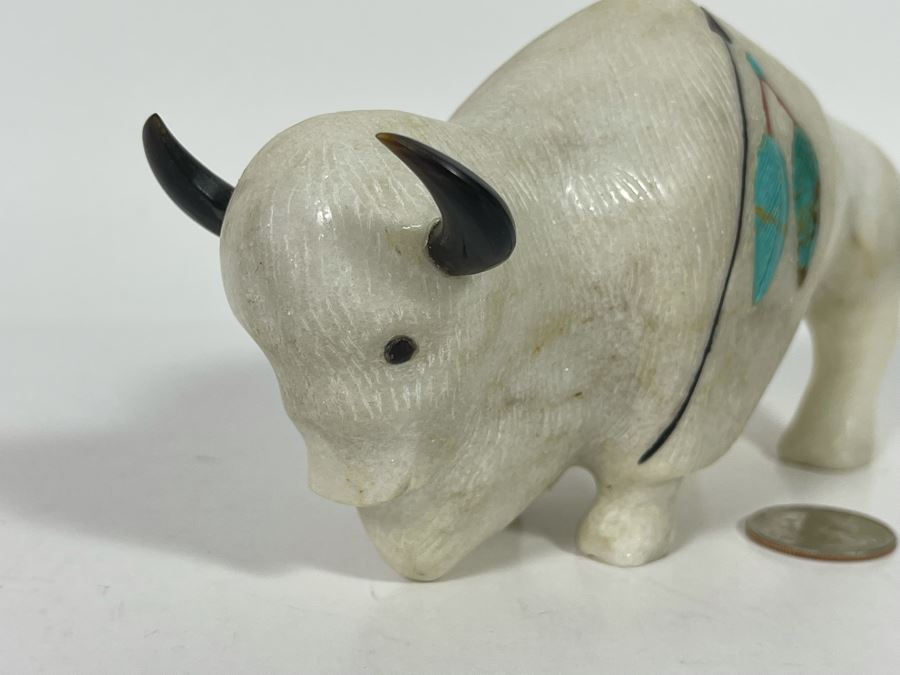 JUST ADDED - Signed Native American Carved Stone Buffalo With Turquoise Signed CD 6.5W X 3D X 3H Retails $185 [Photo 6]