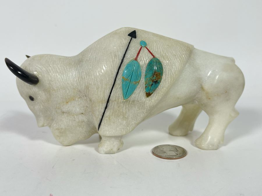 JUST ADDED - Signed Native American Carved Stone Buffalo With Turquoise Signed CD 6.5W X 3D X 3H Retails $185 [Photo 3]