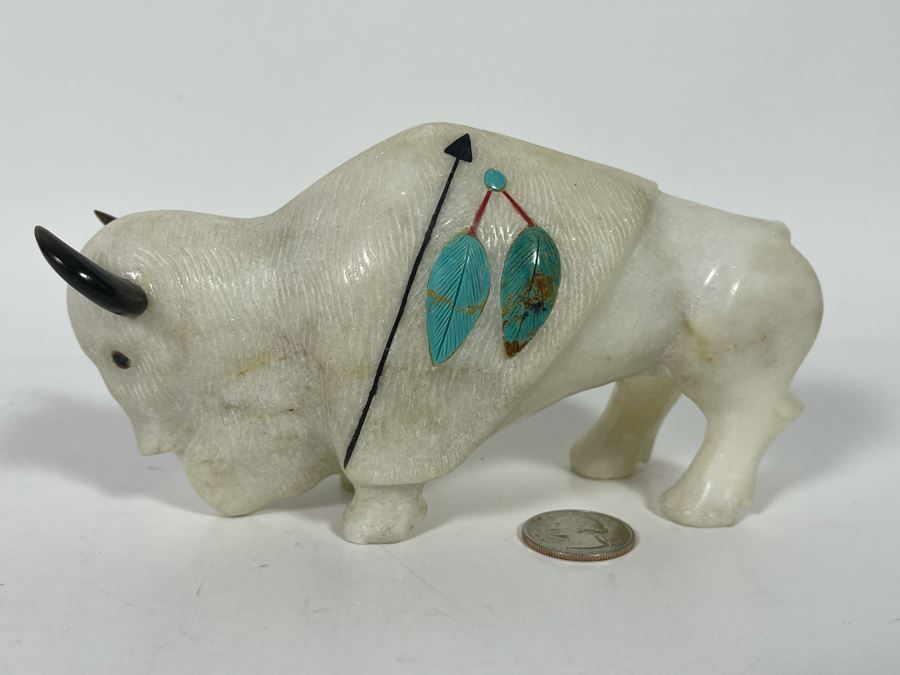 JUST ADDED - Signed Native American Carved Stone Buffalo With Turquoise Signed CD 6.5W X 3D X 3H Retails $185 [Photo 2]