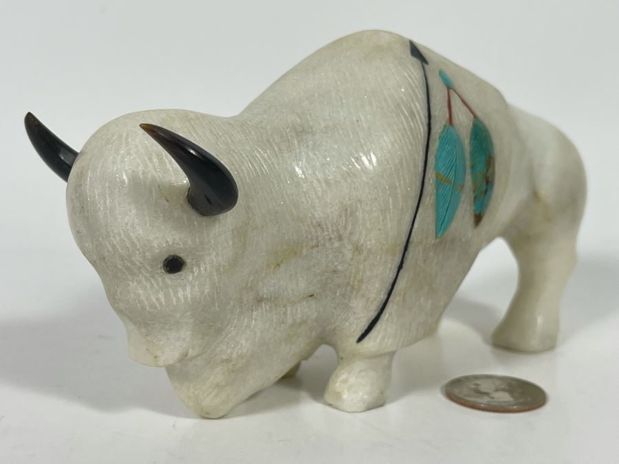 JUST ADDED - Signed Native American Carved Stone Buffalo With Turquoise Signed CD 6.5W X 3D X 3H Retails $185 [Photo 5]
