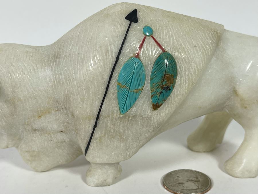 JUST ADDED - Signed Native American Carved Stone Buffalo With Turquoise Signed CD 6.5W X 3D X 3H Retails $185 [Photo 4]