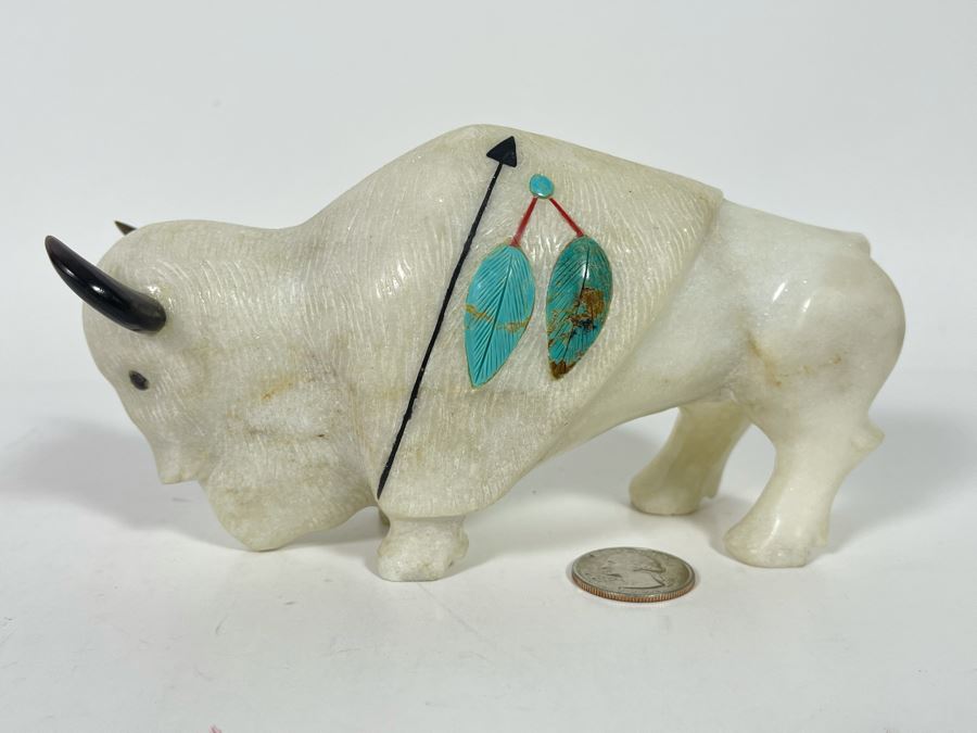 JUST ADDED - Signed Native American Carved Stone Buffalo With Turquoise Signed CD 6.5W X 3D X 3H Retails $185