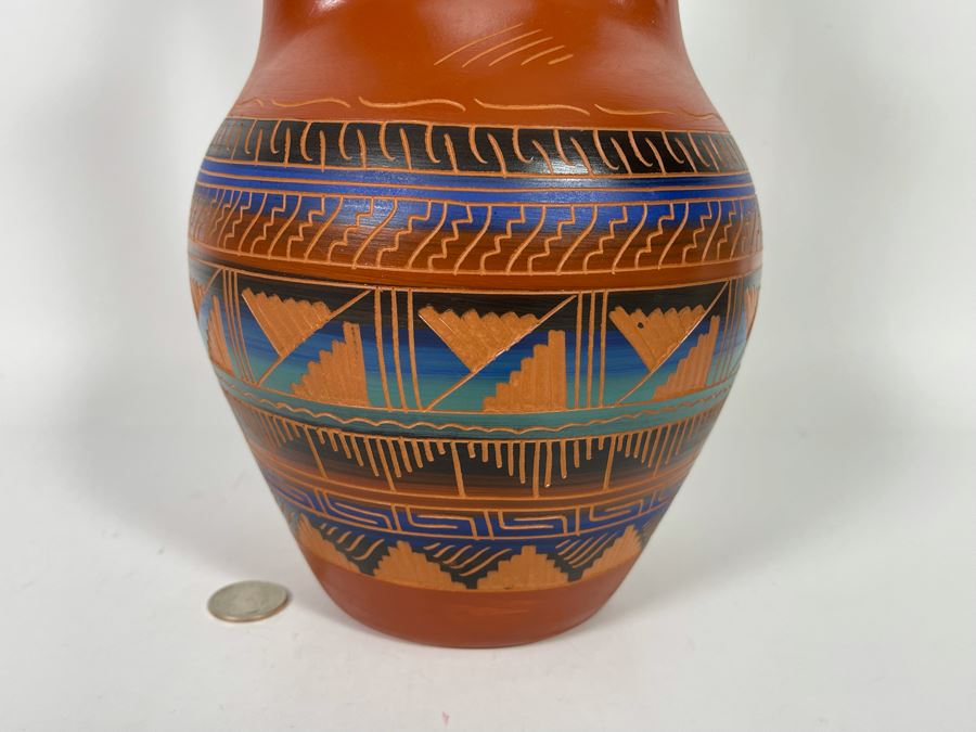 JUST ADDED - Signed Navajo Etched Pottery By Dee Nelson 6.5W X 14.5H [Photo 3]