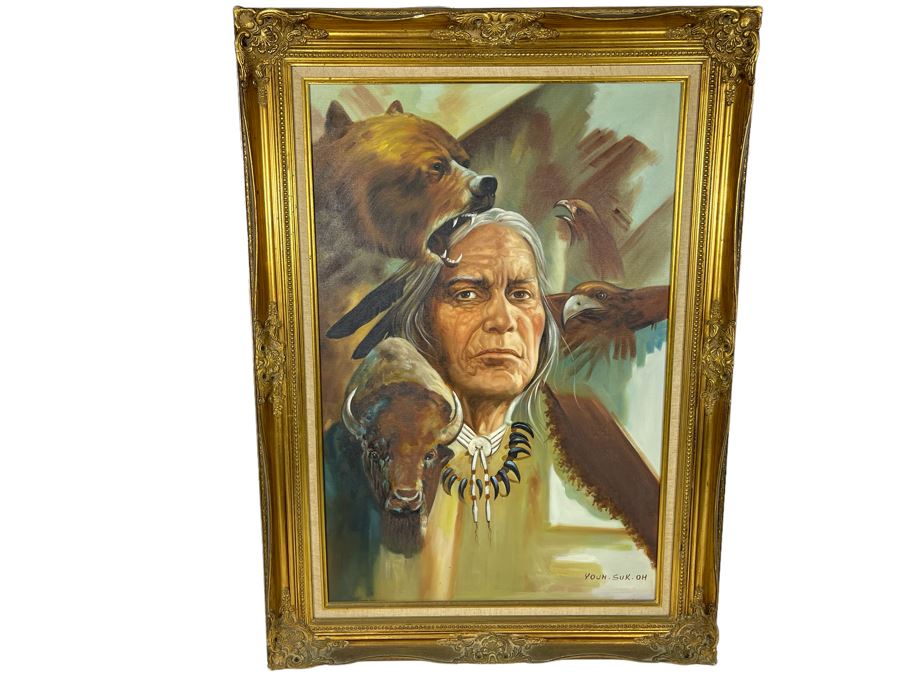 JUST ADDED - Original Native American Painting Signed YOUN.SUK.OH 24 X 36 In Gilt Frame [Photo 3]